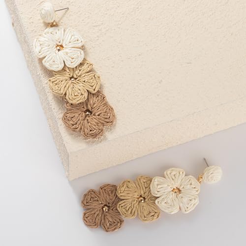 Boho Flower Earrings Statement Raffia Dangle Earrings Cute Floral Jewelry Trendy Summer Beach Vacation Outfits for Women - color: Ivory/Wheat