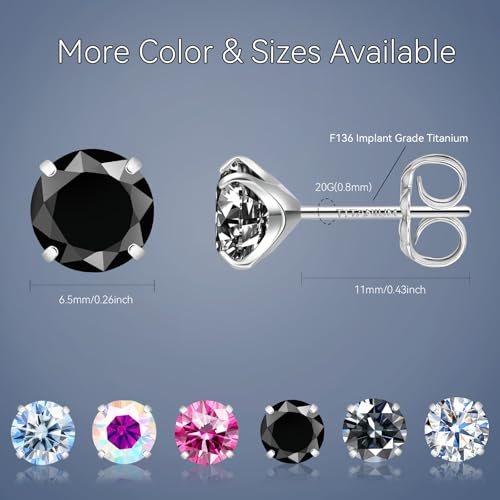 Moissanite Stud Earrings, G23 Hypoallergenic Titanium Stud Earrings for Women Men, Round Cut D Color VVS1 Clarity 18K White Gold Palted Multicolor Moissanite Jewelry, 0.6CT-3.0CT - color: Black, size: (1.5ct*2)-7.5mm-3.0 Carat