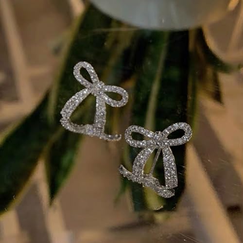 Rhinestone Bow Earrings for Women, Elegant Bridal Jewelry Statement Drop Dangle Earrings, Wedding Guest Dress Matching Accessories, Bridesmaid Gift, Sparkling Party Costume Outfit - color: A2:Silver Bow Stud Earrings
