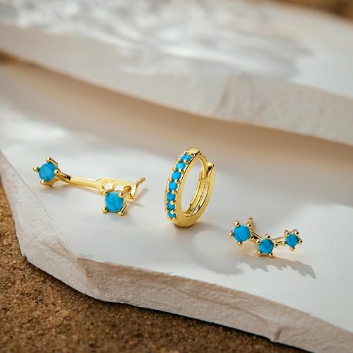3 Pairs Dainty Small 4th of July Earrings for Women Trendy, Birthstone Stud Huggie Hoop Jacket Stack for Cartilage Helix, Gold Plated Hypoallergenic Cute Women Fashion Accessories Western Jewelry Gifts - color: Created Turquoise (Gold)