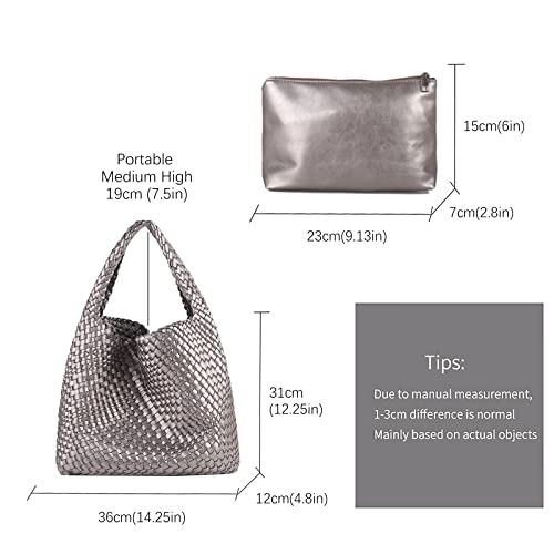 Woven Tote Bag For Women, Large Vegan Leather Travel Handbag, Casual Work Shoulder Bag, Underarm Commuter Hobo Bag With Purse - color: Silver