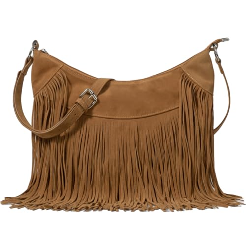 Sunwel Fashion Women Fringe Hobo Bag Western Purse Shoulder Bag Vegan Suede Tassel Hippie Crossbody Bag - color: Brown