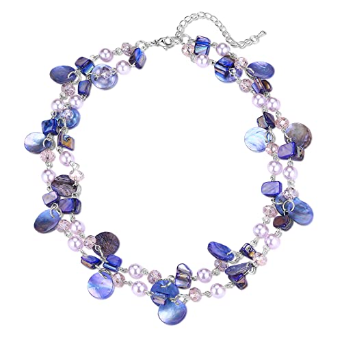 Noessla Layered Beaded Chunky Necklace for Women Boho Two-color Shell Statement Necklace Fashion Collar Costume Jewelry Gifts for Mum - color: 14-Purple