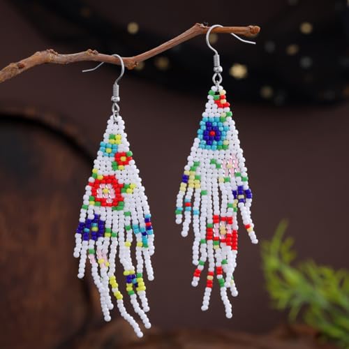Flower Black Beaded Long Tassel Western Native American Earrings For Women Dangling - color: white