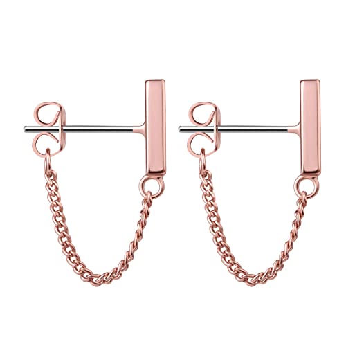 Chain Earrings for Women Small Sterling Silver Post Bar Drop Dangle Earrings Minimalist Stud Earring Hypoallergenic Dangly Jewelry Gift - color: small chain stud/rose gold