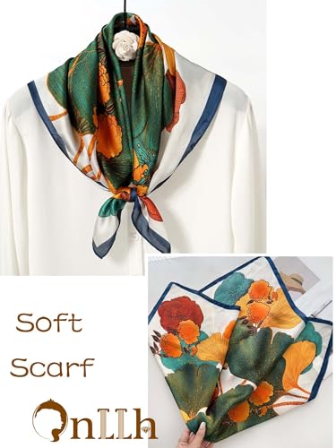 Silky Scarf for Women Lightweight Satin Bandanas Neck Hair Wrap For Sleeping Head Scarves 27.5" - color: A1 Blue Golden Ginkgo/27.5"