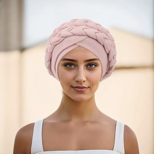 African Women Turban Caps Pre-Tied Twisted Turbans Head Scarf for Women Hair Wraps Cover Beanie Cancer Chemo Headwear - color: 1 Pack Double Twisted Braid A: Flesh Pink