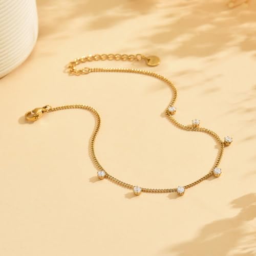 Anklet Bracelets for Women 18K Gold Plated Tennis Anklets Dainty Sapphire Paperclip Pearl Sequin Droplet Adjustable Large Anklet Bracelets Simple Beach Summer Waterproof Foot Jewelry - color: CZ Charm-Gold