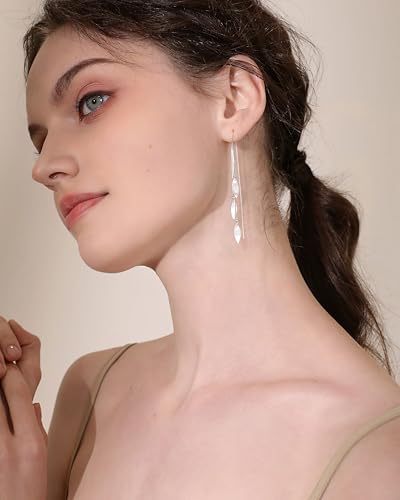 NECOCY Gold Dangle Earrings for Women Non Tarnish 14K Gold Plated Drop Wedding Hypallergenic Earring Dainty Long Hanging Chain CZ Pearl Threader Earrings Trendy Silver Plated Jewelry for Women - style: Silver&Style12