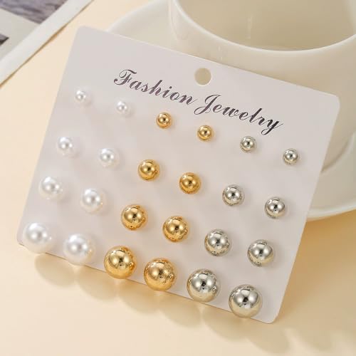 Multi-Color Stud Earrings Set for Women- Several Sizes Colors Rhinestone Faux Pearl Earrings, Daily Wear/Party Jewelry, Hypoallergenic Posts - style: 12 pairs Pearl
