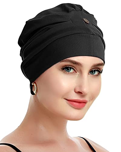 osvyo Cotton Chemo Turbans for Women Cancer Hairloss hat - Cotton Lightweight Headwear Sealed Packaging - color: Cotton Black
