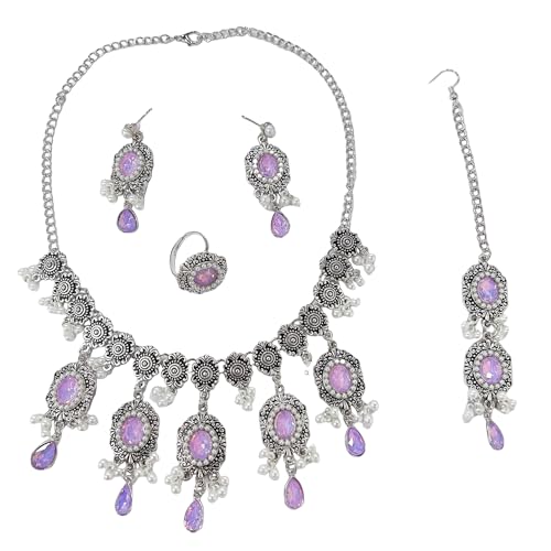 Luxury Waterdrop Rhinestone Pearls Tassel Charm Necklace Earrings Ring Maang Tikka Jewelry 4PCS Set Oxidized Antique Silver Flower Choker Ethnic Indian Retro Crystal Bollywood Bridal Wedding for Women - color: Purple