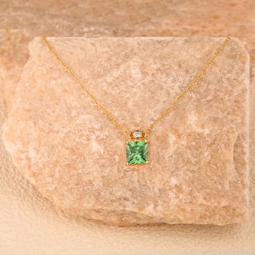 18K Gold-Plated Non Tarnish Birthstone Necklace for Women, 5A Princess Cut Cubic Zirconia Pendant, Birthday Anniversary Valentine's Gift, 18-20 Inches - color: 5-May-Emerald