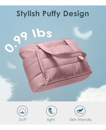Tote Bag for Women with Zipper, Quilted Puffer Tote Bag with Compartments, Lightweight Puffy Work Bags for Women Travel - color: Mauve Pink
