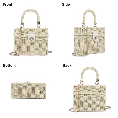 Handwoven Rattan Bag for Women Wicker Crossbody Shoulder Bag Straw Beach Tote Bag Top Handle Satchel Handbag with Chain Strap - color: Beige