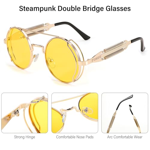 FEISEDY Aviator Sunglasses for Men Women, Retro Steampunk Gothic Round Metal Frame Hippie Glasses B2351 - color: Gold Frame Yellow Lens