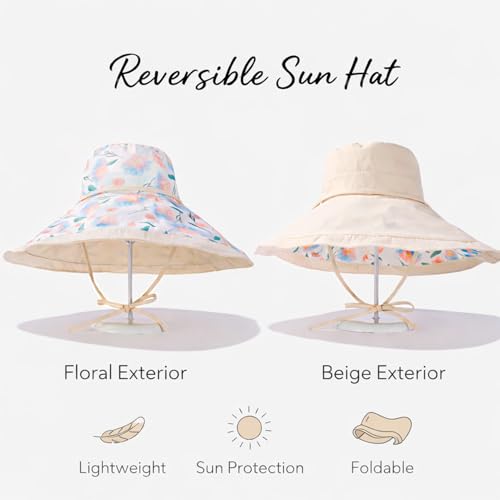 Wide Brim Sun Hat for Women Reversible Beach Hats Metal Wired Edge Gardening Hats, UPF 50+ Bucket Summer Hat - color: Beige