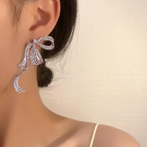 Rhinestone Bow Earrings for Women, Elegant Bridal Jewelry Statement Drop Dangle Earrings, Wedding Guest Dress Matching Accessories, Bridesmaid Gift, Sparkling Party Costume Outfit - color: B2:Pink Bow Earrings