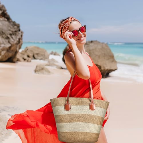 Straw Bags For Women | Travel Straw Totes Bag, Summer Woven Shoulder Bag Handbag - color: Summer Wave