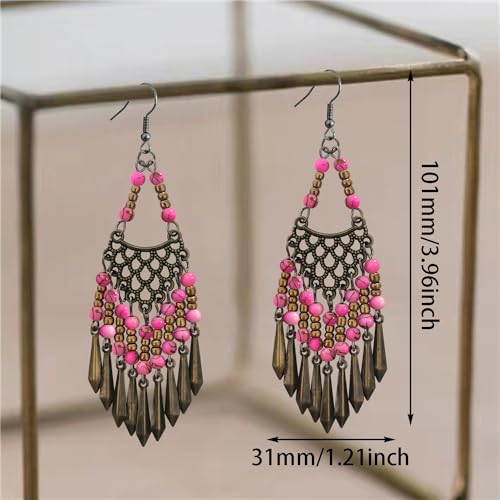 Handmade Vintage Bronze Bohemian Long Tassel Colorful Bead Dangle Drop Earrings Big Tribal Chandelier Geometry Hook Earrings for Women Statement Jewelry Gifts - color: Pink