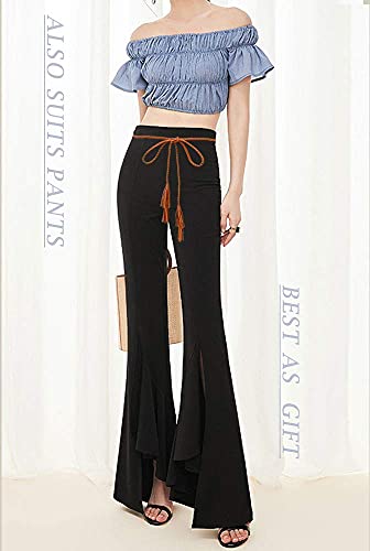 TeeYee Women Girls Multi Colors Braided Waist Tie Belt/Rope/Chain with Tassel Fringe Wrap Cloth Belts for Ladies Dress Pants - color: Tan
