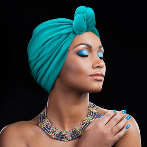 DRESHOW 5 Pack Knotted Headwraps for Women African Turban Pre-Knotted Beanie Headwraps Hair Covers - color: 5 Pack Knotted: Mustard/Rose/Khaki/Teal/Black