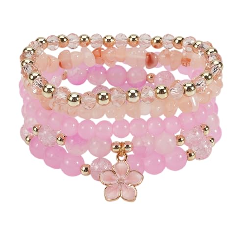 LOTSOF Boho Flower Beaded Bracelet Set for Women - Multilayer Crystal & Flower Charm Stackable Bracelets, Fashion Jewelry Gift for Her - color: Pink