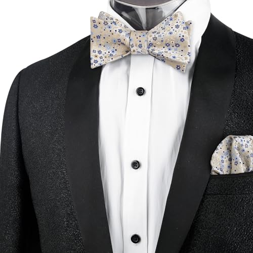 Alizeal Mens 2pcs Classic Floral Pattern Self-tied Bow Tie and Handkerchief Set - color: 045-champagne+navy Blue