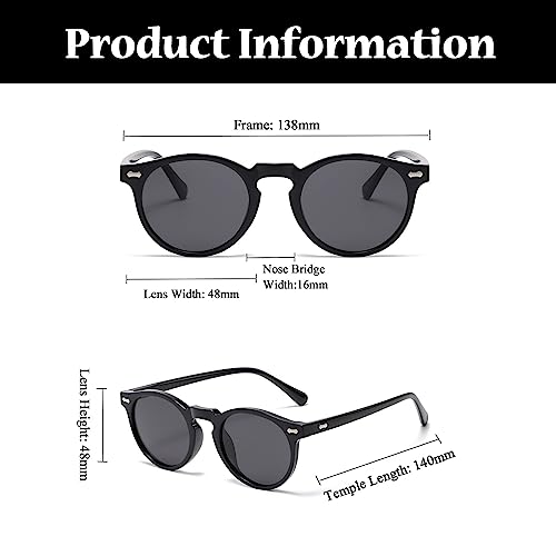 LJCZKA Round Polarized Sunglasses for Men Women Retro Small Face Sunglasses Polarized Vintage Sun Glasses UV400 Protection - color: Black Grey