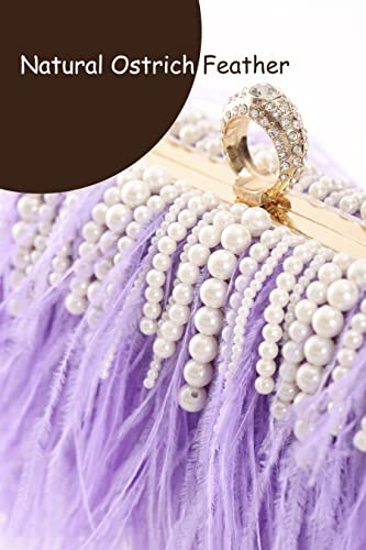 Women Real Natural Ostrich Feather Evening Bags Purses Clutch Vintage Banquet Handbag - color: Purple With Pearl