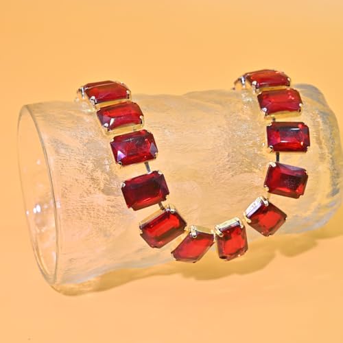 Fashionable Chunky Plated Tennis Rhinestone Statement Necklace Jewelry Set for Women Multicolor gem necklace with Great Sparkle and Shine Design for Women to Easy Match - color: red square rhinestone
