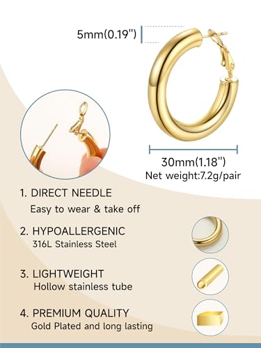 Stainless Steel Chunky Hoop Earrings For Women, Minimalist and Chic, Black/Gold Plated, Round Hoops Earrings Hypoallergenic, Size: 30mm/40mm/60mm/80mm, Come with Box - color: 1. Gold, size: 30MM