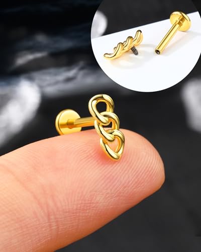 Metal Chain Cartilage Earring – Internally Threaded Flat Back Stud in Silver & Gold 16G 8mm Helix, Conch, Tragus Jewelry - color: WG-8MM
