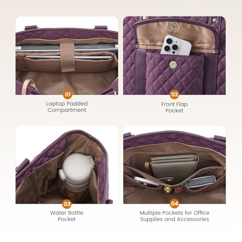 LOVEVOOK Laptop Tote Bag for Women 15.6 Inch,Waterproof Computer Bag for Laptop for Womens,Quilted Travel Work Tote Bags for Women,Stylish Laptop Bag Purse with Luggage Sleeve for Teacher,Nurse,Office - color: Purple(quilted)-2, size: 15.6 Inch