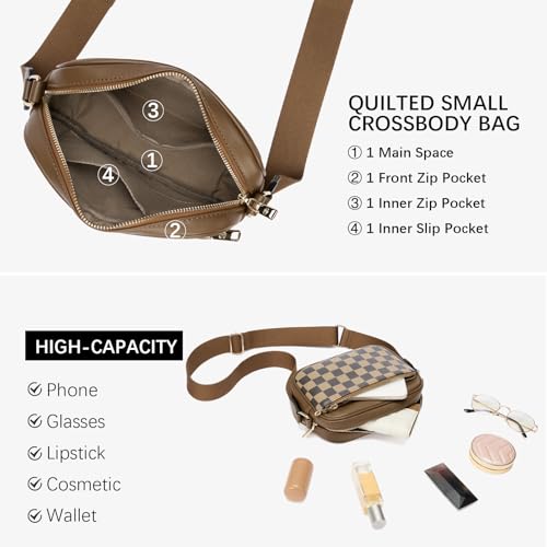 BOSTANTEN Quilted Crossbody Bags for Women Vegan Leather Purses Shoulder Handbags with Wide Strap - color: Checkered Coffee