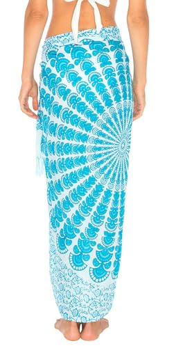 SHU-SHI Sarong Wraps for Women Long Beach Cover ups Pareo Bathing Suit Wrap Skirt Mandala Sarongs Coverup - color: Turquoise/White