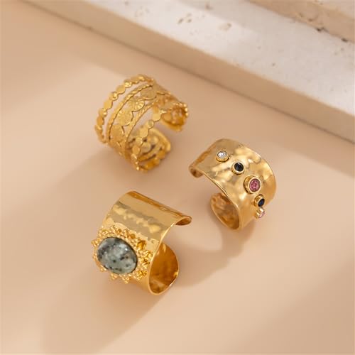 3Pcs Chunky Statement Ring Set for Women,Stackable Wide Band Rings Vintage Shiny Crystal Adjustable Finger Rings Statement Aesthetic Ring Pack - color: Gold