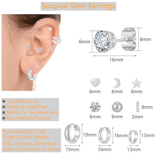 Silver Gold Plated Surgical Steel Flat Back Earrings for Women Hypoallergenic 14K Gold Plated Stud Huggie Earring Set Fashion Shell Cubic Zirconia Flatback Studs Cartilage Earrings Pack for Multiple Piercing 5/8Pairs - color: 8 Pairs Silver Plated Huggie/