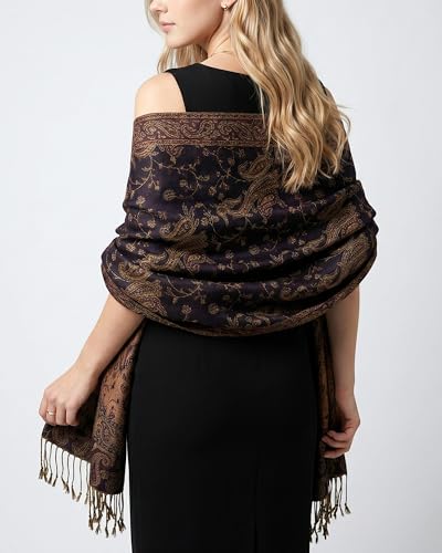 Achillea Reversible Paisley Pashmina Rave Scarf – Exotic Indian Shawls and Wraps for Evening Dresses, Festivals, All Seasons - color: Navy