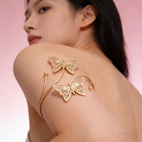 Upper Arm Cuff for Women, Simple Sexy Harness Armlet Bracelet with Crystal Adjustable Upper Arm Chain Bangle Arm Band for Women - color: Gold Butterfly