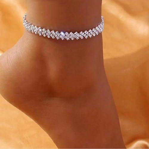 KaFu Heart Rhinestone Ankle Bracelets for Women, Adjustable Silver Shiny Tennis Anklets, Twinkle Cubic Zircon Diamond Anklet Foot Chain Beach Summer Jewelry Gifts - color: silver-3