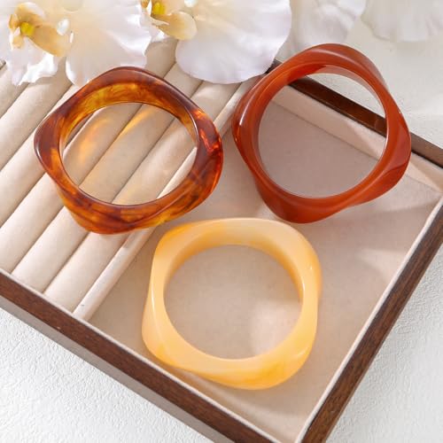 FAXHION Chunky Resin Acrylic Bangle Bracelets for Women, Colorful Wide Geometric Bangles Set, Statement Stackable Bracelet Jewelry Gift - color: Brown