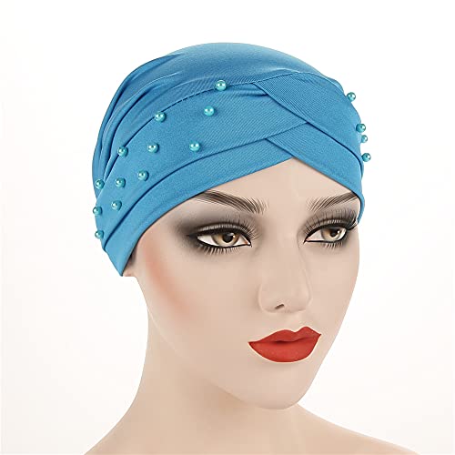 Women Beaded Silky Beanie, Pre-Tied Turban Head Wrap Cap for Chemo Chemical Cancer Hair Loss Cover Hat - color: Lake Blue