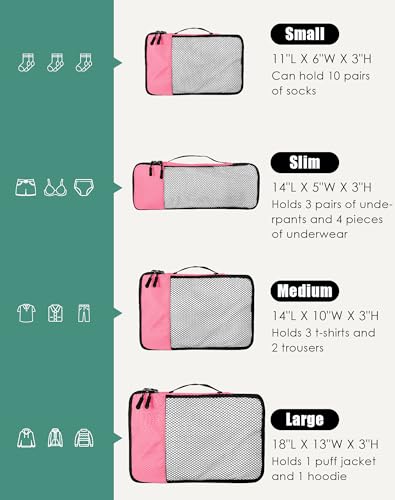 WTREE 4-Piece Packing Cubes Travel Accessories Set for Suitcases - Luggage Organizer Bags with Double Zipper - Mesh Top - Small/Medium/Large/Slim - Pink - color: Pink, size: Slim, Small, Medium, Large