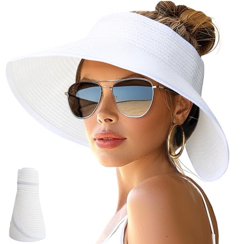 NPJY Sun Hats for Women Wide Brim Roll-Up Beach Ponytail Hat Packable Foldable Travel Straw Visor - color: White