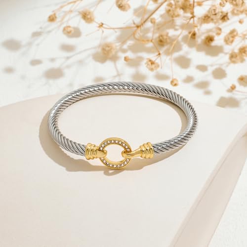 WOWORAMA Twisted Cable Wire Cuff Bracelets for Women Two Tone Gold Silver Cuff Bracelet Unisex Mixed Metal Bangle Bracelets Jewelry - color: Silver Circle
