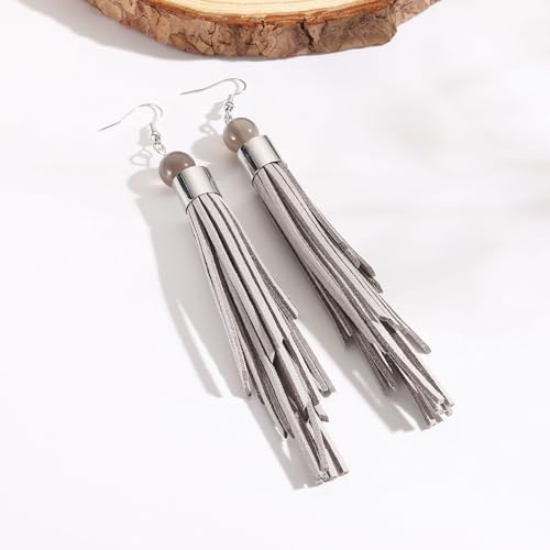Coiris Boho Leather Layered Tassel Earrings for Women Lightweight Leather Fringe Dangle Earrings Handmade Bohemian Summer Beach Western Drop Earrings for Women - color: Gray