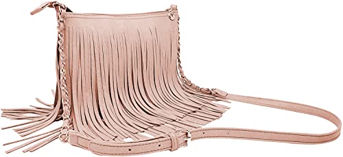 Solene Fringe Crossbody Shoulder Bag with Strap, Tassel Messenger bag, Country Style Western Fringe Purse for Women - color: Rose Pink