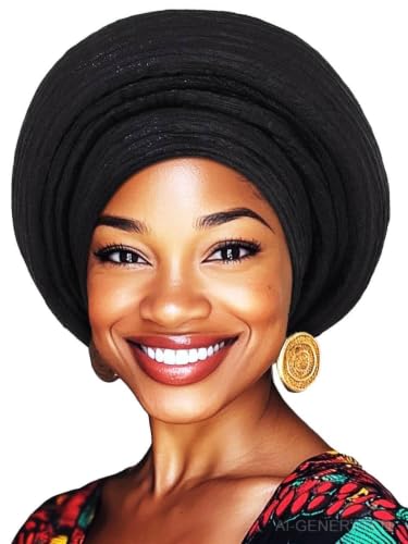 Woeoe African Head Wraps for Black Women Gold Pre Tied Headdress Wedding Turban Hats - color: Black