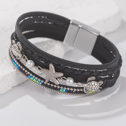 FANCY SHINY Turtle Starfish Leather Wrap Bracelet Boho Rhinestone Pearl Cuff Bracelets for Women Summer Beach Jewelry for Women - color: Black